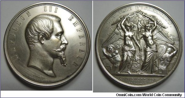 1854 Russia - Crimean War Nicolas I (1825-1855), Battle of Inkermann won by Franco-British army against the Russian army Medal by Caque F. & Oudiné. Bronze: 73MM./197.3 gm.
Obv: Bust of Napoleon III facing right. Legend NEPOLEON III EMPEREUR. Signed CAQUE F. GRAVEUR DE S.M.L'EMPEREUR. Rev: Francia and Britannia fight Russian Warrior, fortress in the background. Legend BATAILLE D'INKERMANN. Exerque 5 NOVEMBRE 1854 signed E.A.OUDINE.F.

