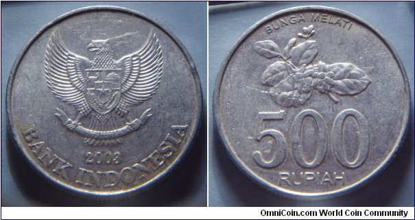 Indonesia | 
500 Rupiah, 2003 | 
27 mm, 3.1 gr. | 
Aluminium | 

Obverse: National Coat of Arms, date below | 
Lettering: 2003 BANK INDONESIA |  

Reverse: Jasmine flower, denomination below | 
Lettering: BUNGA MELATI 500 RUPIAH |