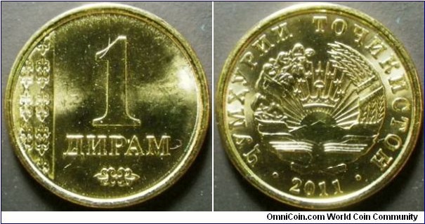 Tajikistan 2013 1 diram. Dated 2011 but issued in 2013. Not sure why these are released as they are not worth a lot. Weight: 1.31g. 