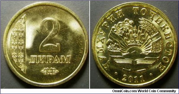 Tajikistan 2013 2 diram. Dated 2011 but issued in 2013. Not sure why these are released as they are not worth a lot. Weight: 1.60g. 