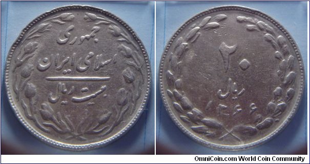 Iran | 
20 Rials, 1987 (1366) | 
31 mm, 9 gr. | 
Copper-nickel | 

Obverse: Denomination | 
Lettering: جمهوری اسلامی ايران بيست ریال | 

Reverse: Denomination, date below | 
Lettering: ٢٠ ريال ۱۳۶۶ |