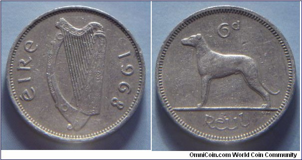 Ireland | 
6 Pingin/1 Reul, 1968 | 
20.9 mm, 4.6 gr. | 
Copper-nickel | 

Obverse: Irish harp (Cláirseach), date right|
Lettering: éire 1968 | 

Reverse: Irish Wolfhound facing left, denomination above | 
Lettering: 6d reul |