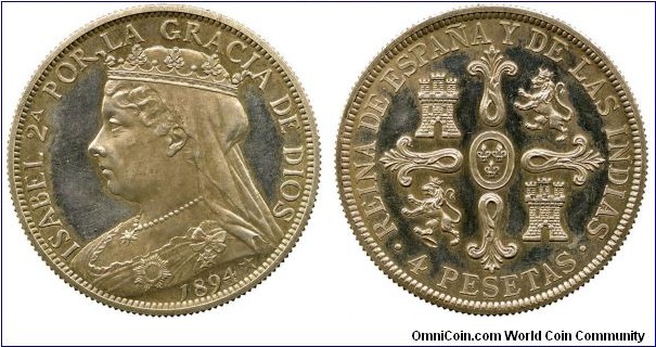 1894 London Spain Isabella II Fantasy Pattern 4-Pesetas Medal by John Pinches for Reginald Huth. Silver: Mintage 100.
Obv: Crowned & Veiled nust of Isabella II (in the style of Victoria's old head coinage). Legend ISABEL 2a POR LA GRACIA DE DIOS 1894 with Star. Rev: Lions and Castles within angles of Ornate Cross.Legend REINA DE ESPANA Y DE LAS INDIAS. 4 PESETAS.

