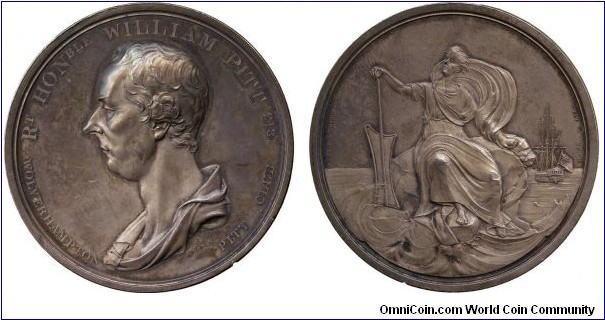 1813 UK William Pitt the Wolverhampton Pitt Club Medal by T. Wyon. Silver 50MM.
Obv: Bust left, Legend Rt.HONble.WILLIAM PITT. WOLVERHAMPTON PITT CLUB 1813. Signed T. Wyon after Nollekens. Rev: 