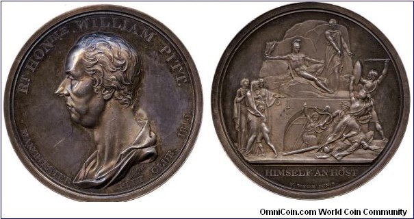 1813 UK William Pitt the Younger (1759-1806) Manchester Pitt Club Medal by T. Wyon Jr. Silver 51MM
Obv: Bust left, Legend Rt.HONble.WILLIAM PITT. MANCHESTER PITT CLUB 1813. Signed T. Wyon after Nollekens. Rev: Pitt rousing the Genius of the British Isles to the resistance of the French. Exerque HIMSELF AN HOST. Signed T. Wyon Junis

