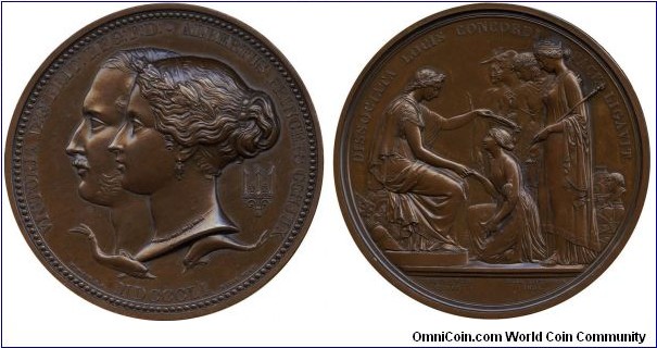 1851 UK Great Exhibition Prize Medal by W. Wyon & L.C. Wyon. Bronze: 77MM
Obv: Conjoined Busts of Queen Victoria and Price Albert to left. Legend VICTORIA DG:BRIT:REG:F:D: ALBERTUS PRINCEPS CONJUX. MDCCCLI. Signed W.WYON R.A. ROYAL MINT. : Rev: The figure of Industry confers Labour with a wreath.Legend DISSOCIATA  LOCIS CONCORDI PACE LIGAVIT. Exerque LEONARD C:WYON DES R SC. ROYAL MINT LONDON 1851. Edge named F. Finlayson & Co.
