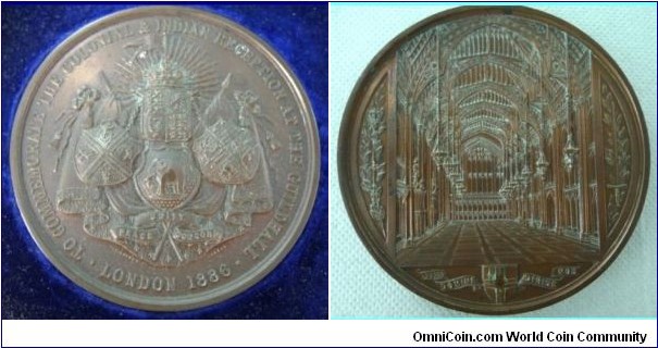 1886 UK Colonial and Indian Reception at the Guildhall Medal by Elkington & Co., Bronze: 77MM. Mintage 450.
Obv: Royal Arms with shields of Canada, generic shields for Australia & India on mantle. Rev: Guildhall interior, site of celebration for 