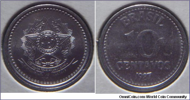 Brazil | 
10 Centavos, 1987 | 
16.9 mm, 2.16 gr. | 
Stainless Steel | 

Obverse: State emblem | 

Reverse: Denomination, date below | 
Lettering: BRASIL 10 CENTAVOS 1987 |