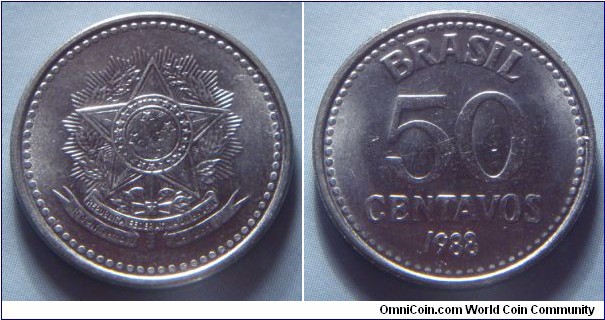 Brazil | 
50 Centavos, 1988 | 
21 mm, 3.65 gr. | 
Stainless Steel | 

Obverse: State emblem | 

Reverse: Denomination, date below | 
Lettering: BRASIL 50 CENTAVOS 1988 |