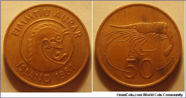 Iceland | 
50 Aurar, 1981 | 
19.5 mm, 3 gr. | 
Bronze | 

Obverse: 