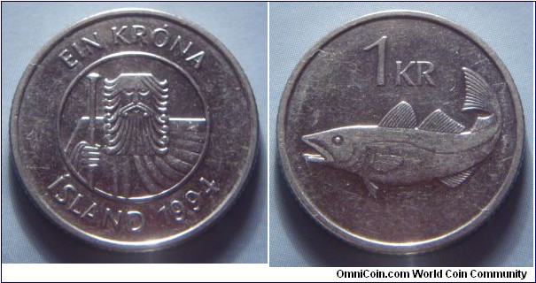Iceland | 
1 Króna, 1994 | 
21.5 mm, 4 gr. | 
Nickel plated Steel | 

Obverse: 