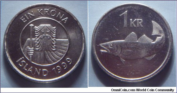 Iceland | 
1 Króna, 1999 | 
21.5 mm, 4 gr. | 
Nickel plated Steel | 

Obverse: 
