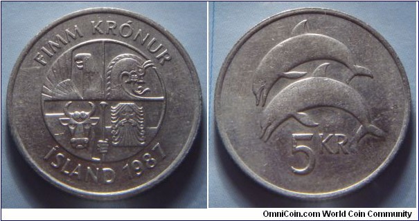Iceland | 
5 Krónur, 1987 | 
24.5 mm, 6.5 gr. | 
Copper-nickel | 

Obverse: Square with the four guardian spirits, or 