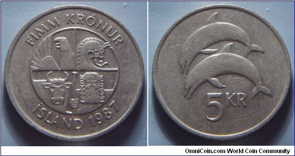 Iceland | 
5 Krónur, 1987 | 
24.5 mm, 6.5 gr. | 
Copper-nickel | 

Obverse: Square with the four guardian spirits, or 