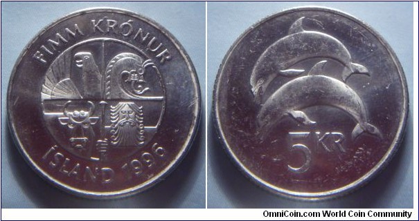 Iceland | 
5 Krónur, 1996 | 
24.5 mm, 6.5 gr. | 
Copper-nickel | 

Obverse: Square with the four guardian spirits, or 