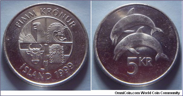 Iceland | 
5 Krónur, 1999 | 
24.5 mm, 6.5 gr. | 
Copper-nickel | 

Obverse: Square with the four guardian spirits, or 