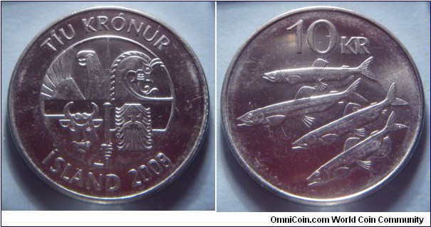 Iceland | 
10 Krónur, 2008 | 
27.5 mm, 7 gr. | 
Nickel-plated Steel | 

Obverse: Square with the four guardian spirits, or 