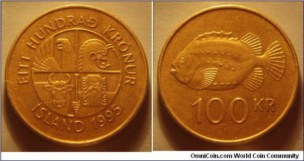 Iceland | 
100 Krónur, 1995 | 
25.5 mm, 8.5 gr. | 
Nickel-brass | 

Obverse: Square with the four guardian spirits, or 