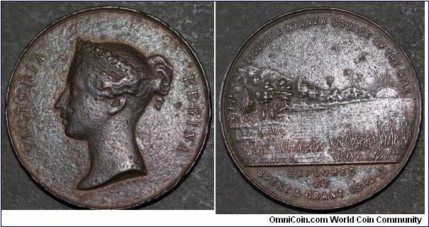 1863 UK Victoria African Exploration, Expedition of the Source Nile Specimen Medal by J.S. & A.B. Wyon struck by Speke & Grant. Copper: 37MM.
Obv: Diademed bust left signed AFTER W.WYON. Legend VICTORIA REGINA. Rev: View of the Nile.Legend VICTORIA NYANZA SOURCE OF THE NILE, exergue EXPLORED BY SPEKE & GRANT 1860-3. (in detector find condition)
