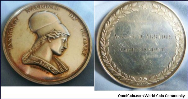 1850 France Institut National De France Membership Medal awarded to 