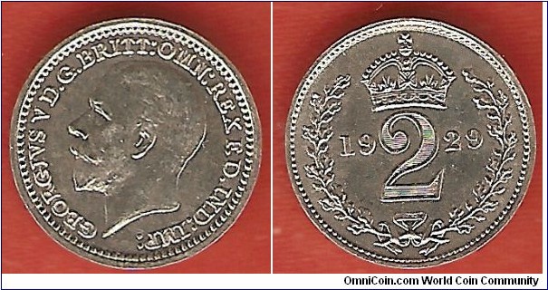 Maundy 2 pence 1929. 0.500 silver. Mintage 1,862