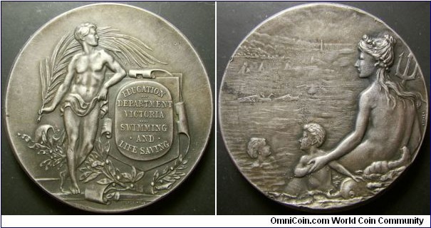 Australia 1934, 1935 medal commemorating Department Victoria swimming and life saving. Edge inscription: Clarrie Morrison 1934, 1935. Struck in silver. Weight: 71.98g. 
