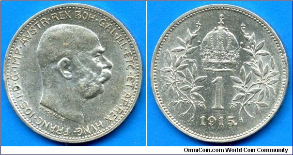 1 corona.
Austria-Hungary Empire.
Franc Ioseph I (1848-1916).
Mintage 23,000,134 units.


Ag835f. 5,0gr.