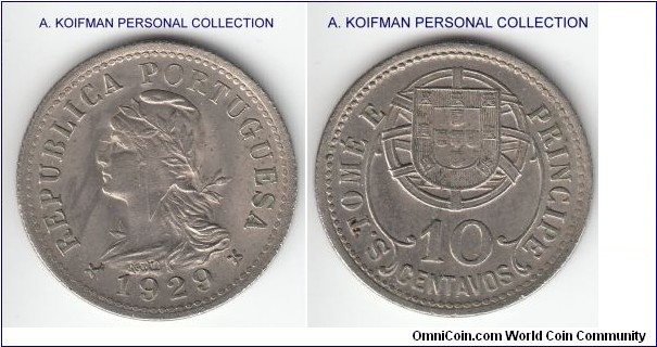 KM-2, 1929 St. Thomas and Principe (Portuguese colony) 10 centavos; nickel-bronze, reeded edge; average uncirculated or almost, few spots.