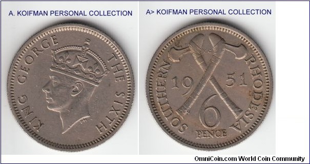 KM-21, 1951 Southern Rhodesia 6 pence; Copper-Nickel, reeded edge; nice extra fine or better.