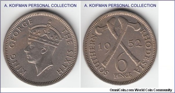 KM-21, 1952 Southern Rhodesia 6 pence; copper-nickel, reeded edge; last year of George VI mintage, extra fine.