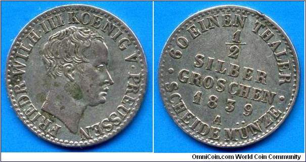 1/2 silber groschen.
Kingdom of Prussia.
Friedrich Wilhelm III (1797-1840).
*A* - Berlin mint.


Ag222f. 1,09gr.