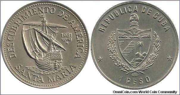 Cuba-comm 1 Peso 1981 - Colombus' ship Santa Maria