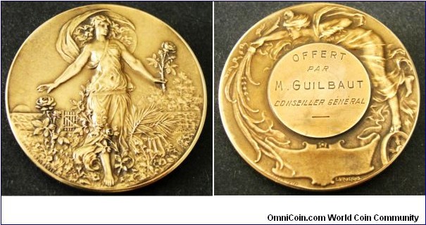 1900 o.j. France Art Nouveau Medal by Massonnet Edit/G. Bonnefond. Gilted Bronze: 45MM
Obv: Lovely young lady scarcely dressed, is holding a gorgeous Rose & preparing to crab another one. Signed MASSONNET EDIT. Rev: This lady bending over to catch a spray of leaves. Centre circle engraved OFFERT PAR M. GUILBAUT CONSEILLER GENERAL. Signed G. BONNEFOND.
