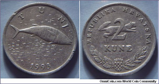 Croatia | 
2 Kune, 1993 | 
24.5 mm, 6.2 gr. | 
Copper-nickel-zinc | 

Obverse: Northern Bluefin Tuna facing right, date below | 
Lettering: TUNJ 1993 | 

Reverse:  Denomination on a running Marten, National Coat of Arms bottom with an English oak twig to the left and a twig of laurel to the right | 
Lettering: REPUBLIKA HRVATSKA 2 KUNE |