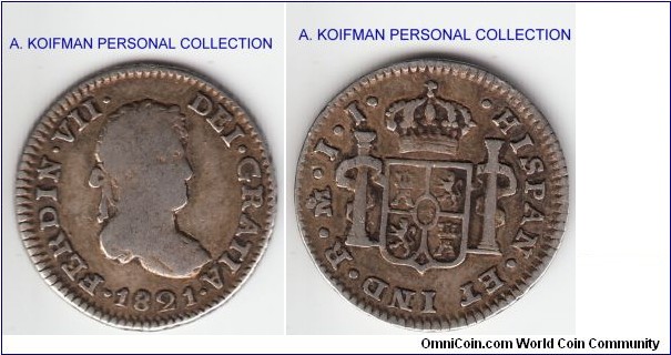 KM-74, 1821 Mexico (Colonial) half real; silver, corded edge; well circulated fine plus.
