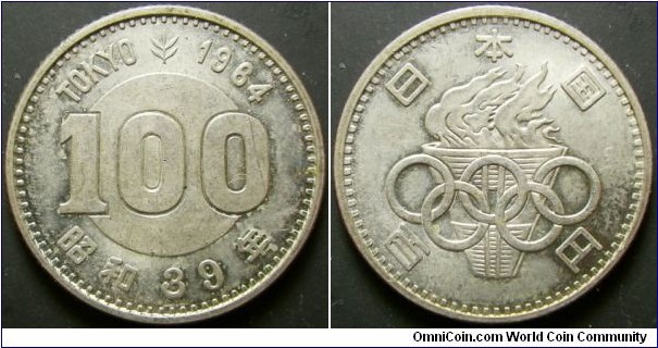 Japan 1964 100 yen commemorating Tokyo Olympics. Weight: 4.84g. 