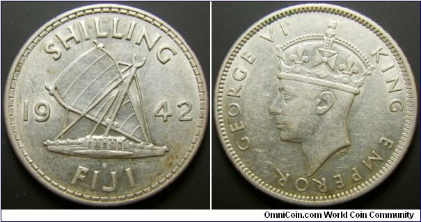 Fiji 1942 1 shilling. Nice condition. Mintmark: S. 