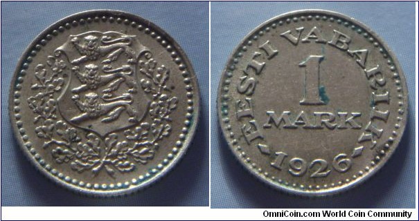 Estonia | 
1 Mark, 1926 | 
17.21 mm, 2.6 gr. | 
Copper-nickel | 

Obverse: National Coat of Arms | 

Reverse: Denomination, date below | 
Lettering: • EESTI VABARIIK • 1926 1 MARK |