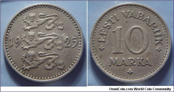 Estonia | 
10 Marka, 1925 | 
26 mm, 6 gr. | 
Nickel-bronze | 

Obverse: National Coat of Arms divides date | 
Lettering: 1925 | 

Reverse: Denomination | 
Lettering: • EESTI VABARIIK • 10 MARKA • |