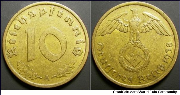 Germany 1938 10 pfennig, mintmark A. Weight: 3.97g. 