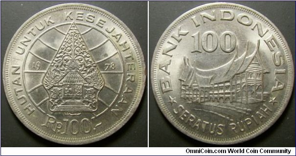 Indonesia 1978 100 rupiah. Edge damage. Weight: 7.05g. 
