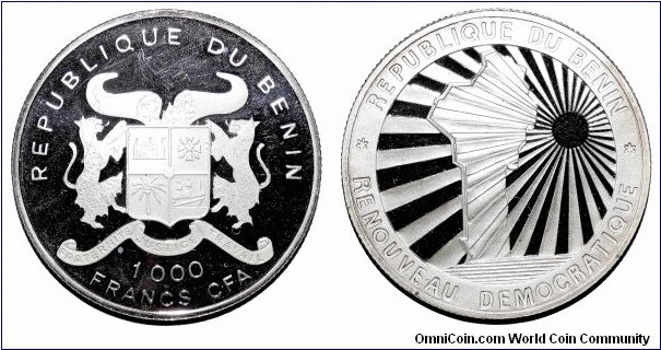 BENIN (REPUBLIC)~1,000 CFA Francs 1992. Silver proof: Democracy Restored. Mintage: 1,000. *SCARCE*