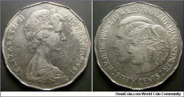 Australia 1981 50 cents commemorating Princes Wales and Lady Diana. Ramstrike error? Weight: 15.55g. 