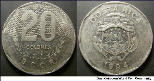 Costa Rica 1994 20 colones. Weight: 9.74g. 