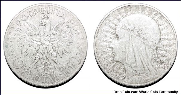 POLAND (2nd REPUBLIC)~10 Zlotych 1933. Queen Jadwiga. 