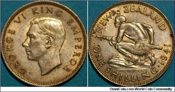 1 Shilling, with Māori warrior, Obv. King George VI, 23.5 mm, 0.5Ag 