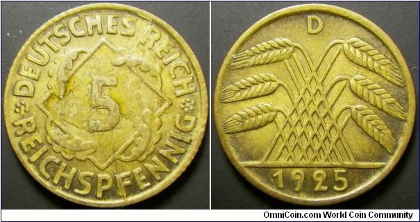 Germany 1925 5 reichpfennig, mintmark D. Doubling on the number 5. Weight: 2.32g. 