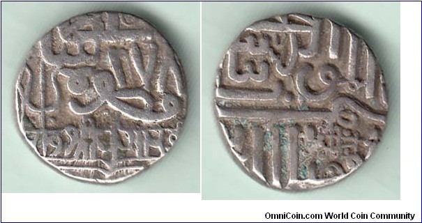 Kutch 
Khengarji I Silver One Kori.
It has a 'frozen date' of AH 978 (1570 AD), which was a date copied from Nawanagar coins at the time (under Muzaffar III), and does not apparently refer to any specific date of importance within Kutch. The first Kutch coins were modelled after those of Nawanagar, from which Kutch officially gained its autonomy in 1617 AD. This was also the year that Kutch obtained the rights to produce coinage in the name of its own rulers.