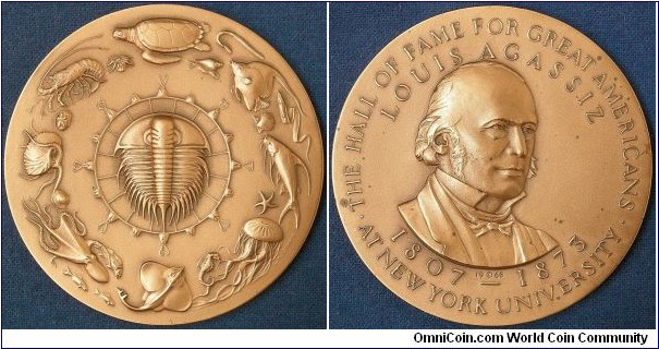 1966 USA Louis Agassiz Hall of Fame for Great Americans Medal by Gertrude K. Lathrop. Bronze: 76MM.
Obv: Portrait of Agassiz, great naturalist and teacher, 3/4 right. Rev: Variety of living things. Strunk by the Medallic Art Company, New York.
