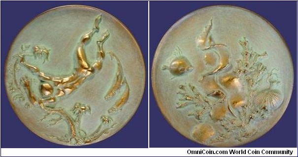 1964 USA Society Of Medalists #70 issue Sea Treasures Medal by Frank Eliscu. Bronze: 70MM. Mintage: 937
Obv: A underwater swimmer . Rev: View of seascape. 
